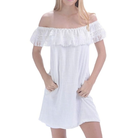 Walker & Wade White Linen Kauai Dress‎ Off the Shoulder Fringe Trim Size Medium - Picture 1 of 9